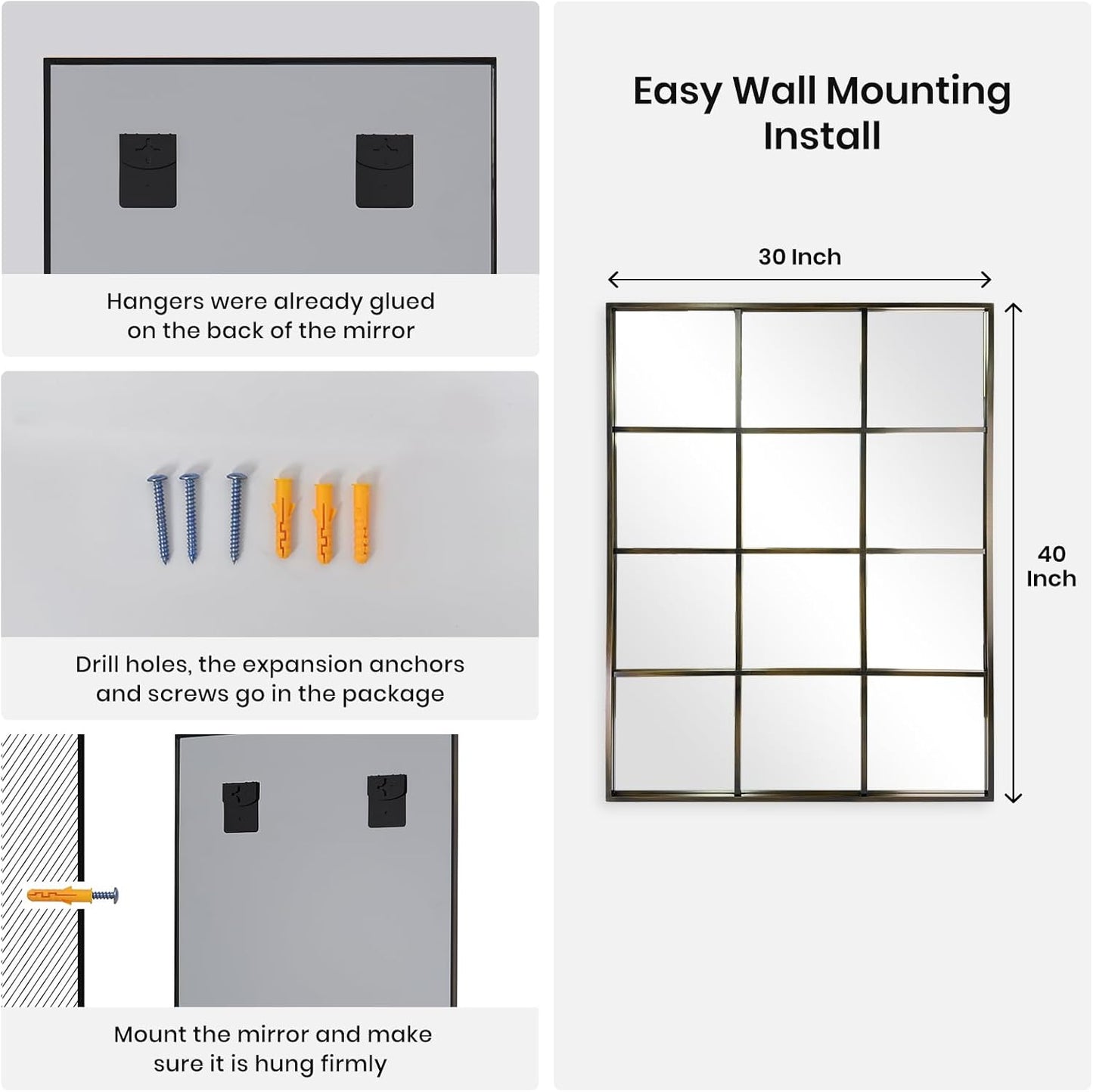 Windowpane Wall Mirror 30"x40" Bronze Wall Mounted Art Pane Mirror Farmhouse Decorative Mirror Leaning Hanging Wall Mirror for Bedroom Living Room Entrance Hallway Wall Decor