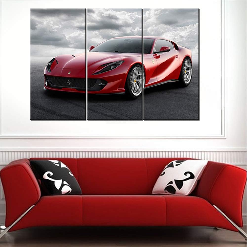 Red Sports Car in Black and White Posters Canvas Framed Wall Art Racing Cars Pictures Printed on Canvas Painting Artwork for Living Room Bedroom Interior Decoration Ready to Hang 28 x 14inch x 3 panel