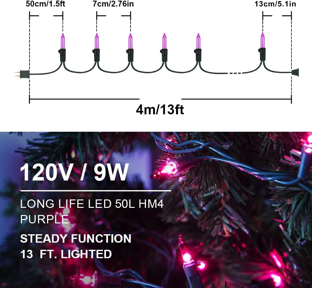 Hopolon Halloween Purple String Lights, 2PACK 50 Mini Fairy Lights Set, Green Wire 13Ft Traditional Halloween Holiday Décor for Home, Christmas Tree, Bedroom, Patio, Wedding (2pcs Purple)