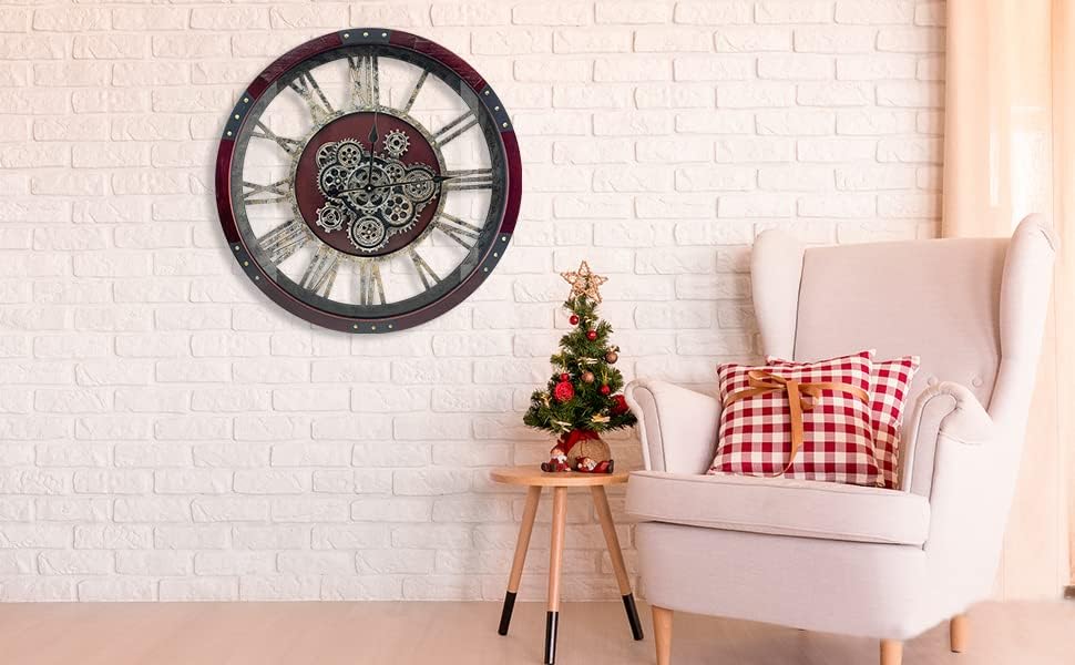 DORBOKER 24" Original Moving Gears Wall Clock, Large Industrial Wall Clock for Living Room Decor, Oversized Wood Vintage Farmhouse Steampunk Rustic Clocks for Wall Christmas Decor,Cherry Red
