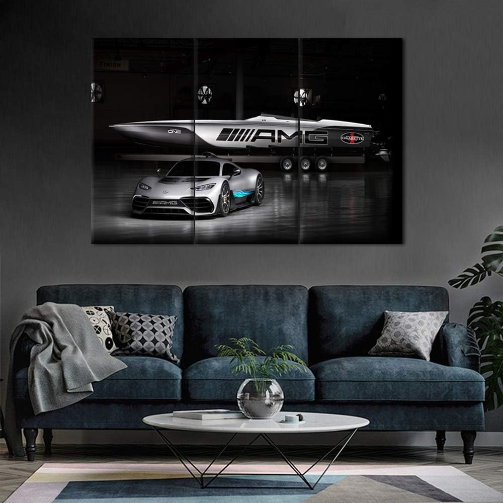 TUMOVO 3 Pieces Car Pictures Wall Art Framed Sports Car in Cool Gray Style Poster Canvas Print Vintage Western Decor for Home Office Living Room Man Bedroom - 40 x 20inch x 3 Panels