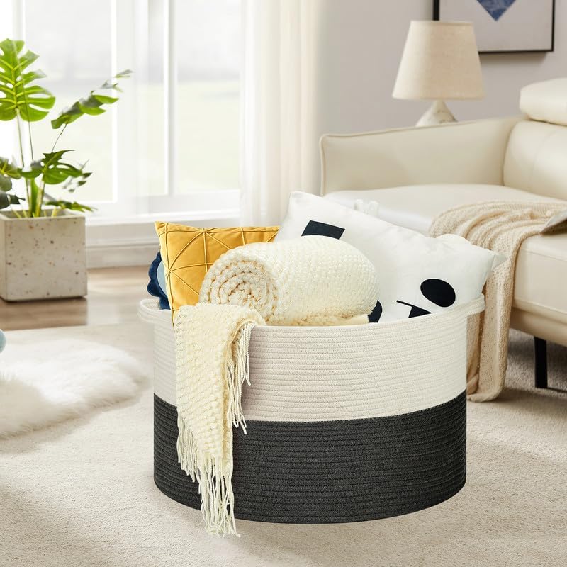 Ravinte Large Storage - 22"x 22"x 14" Blanket Basket for Living Room, Baby Toy Storage, Cotton Rope Woven Laundry (White-Gray)