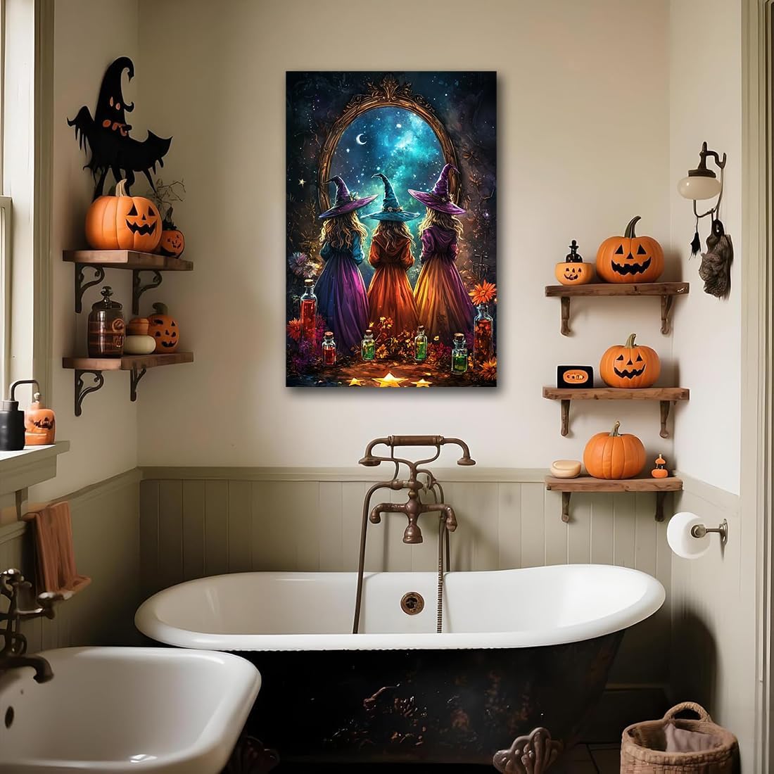 Witch Poster Halloween Fall Wall Art Decor,Three Witches with Magic Potion Mirror Colorful Vintage Print,Dark Academia Spooky Canvas Art Prints for Home Living Room,20"x30" Unframed