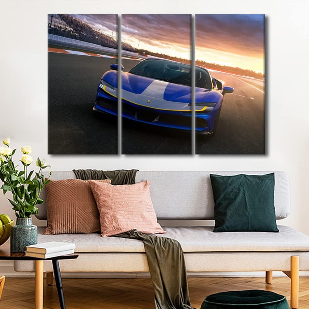 TUMOVO Wall Art for Living Room Blue Sports Car Bedroom Wall Decor Supercar on the Runway Wall Paintings for Office Speed Car Print On Canvas Modern Artwork Stretched Framed Ready to Hang, 42" Wx28 H