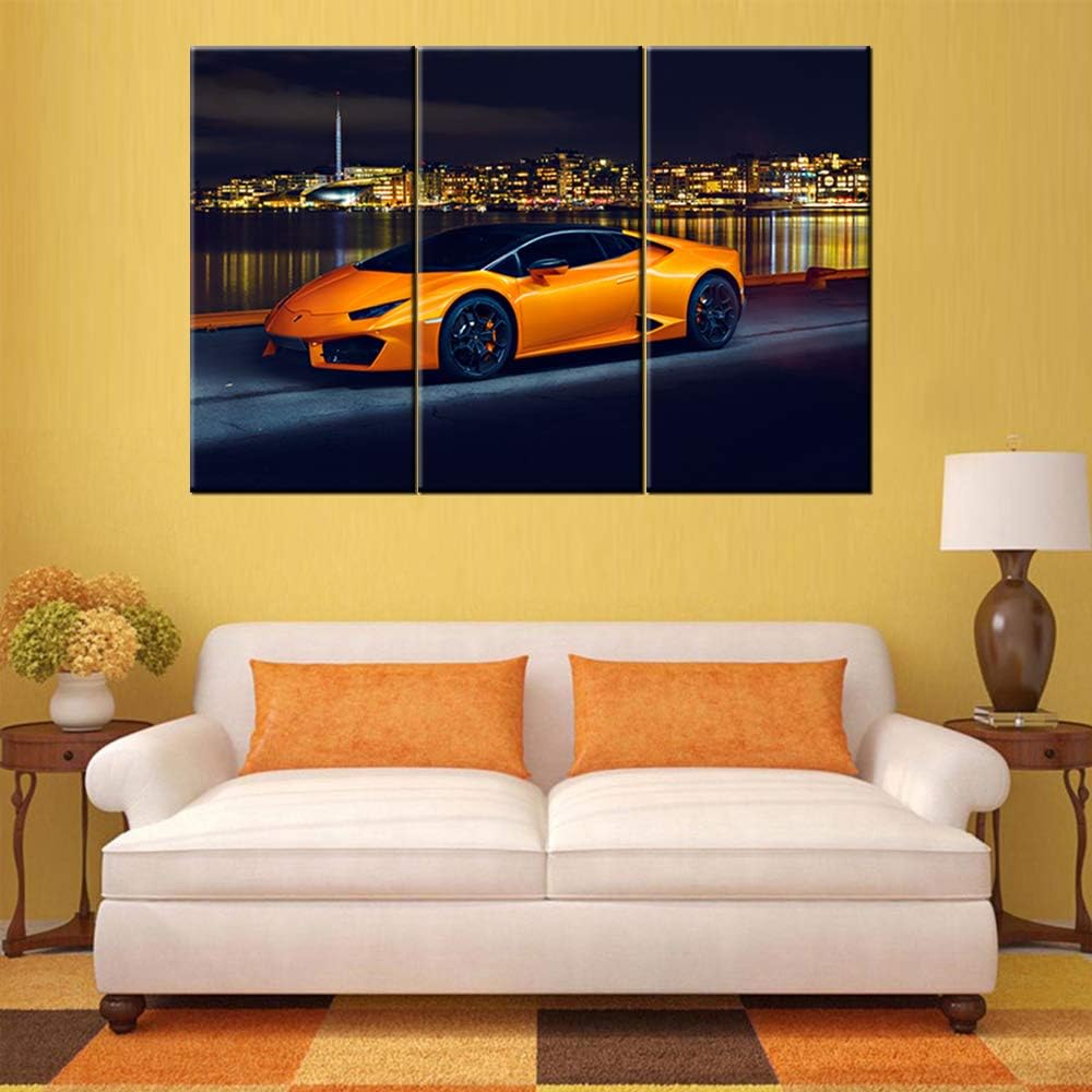 TUMOVO Orange Sports Car On Seascape and Skyline Wall Art Painting The Picture Print On Canvas Racing Car Pictures for Home Decor Decoration Gift - 28 x 14inch x 3 panel