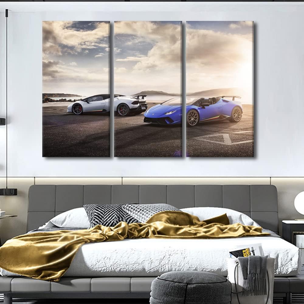 TUMOVO White and Blue Sports Car Modern Wall Art Super Car Abstract Picture Seaside Sunset Contemporary Artwork Print On Canvas Bedroom Wall Art Picture for Living Room Framed Ready to Hang 60"Wx40"H