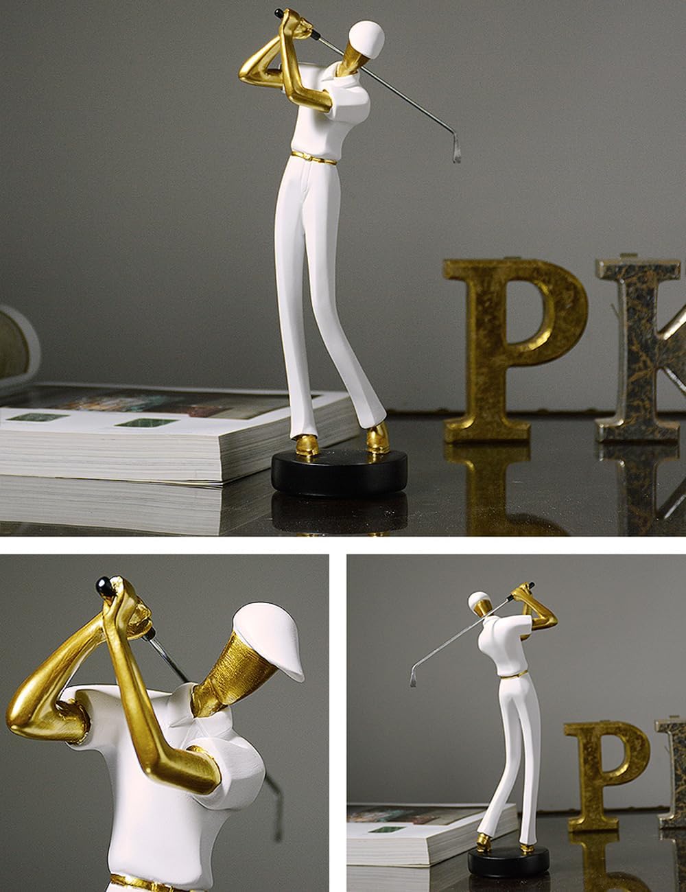 HAUCOZE Golf Figurine Statue Golfer Decoration Arts Home Decor Sculpture Polyresin White 9.6 inch