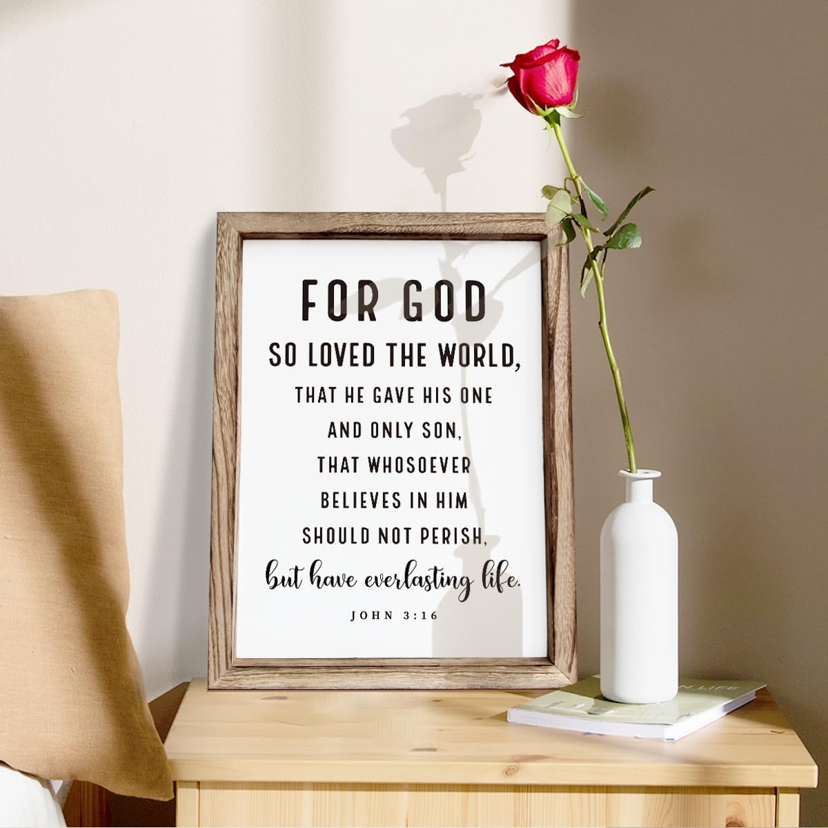 Christian Wooden Sign, Living Room Decors, Bible Verse Decor, Rustic Home Decor, Religious Artwork for Wall, Framed Wall Plaque Sign 15 * 11.5 inches, For God So Loved the World