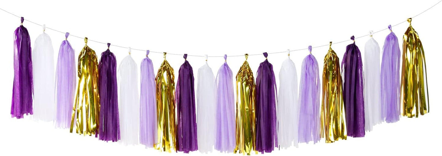 Purple-Gold Party Decoration Tassel Garland - 20pcs Lavender White Gold Birthday Party Supplies Tassels Banner Women Girls Wedding Engagement Bachelorette Graduation Decorations