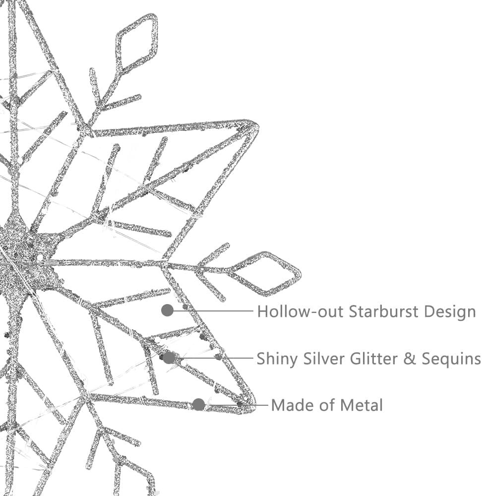 hogardeck Christmas Tree Topper, 10" Lighted Silver Snow Tree Topper, 20 LED Lights Silver Glitter Powder Snowflake Tree Toppers Christmas Decorations, Battery Powered Timer Xmas Treetop Star Decor