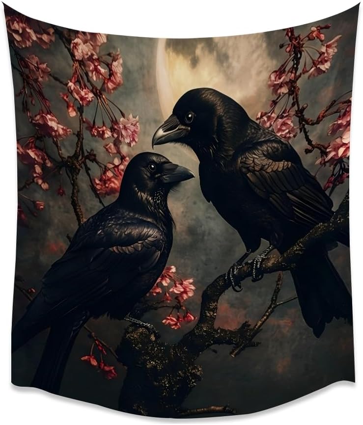 Mystic Gothic Raven Tapestry Halloween Crow Decor Vintage Dark Academia Bedroom Tapestries Retro Art Aesthetic Wall Tapestry for Bedroom Dorm Living Room white