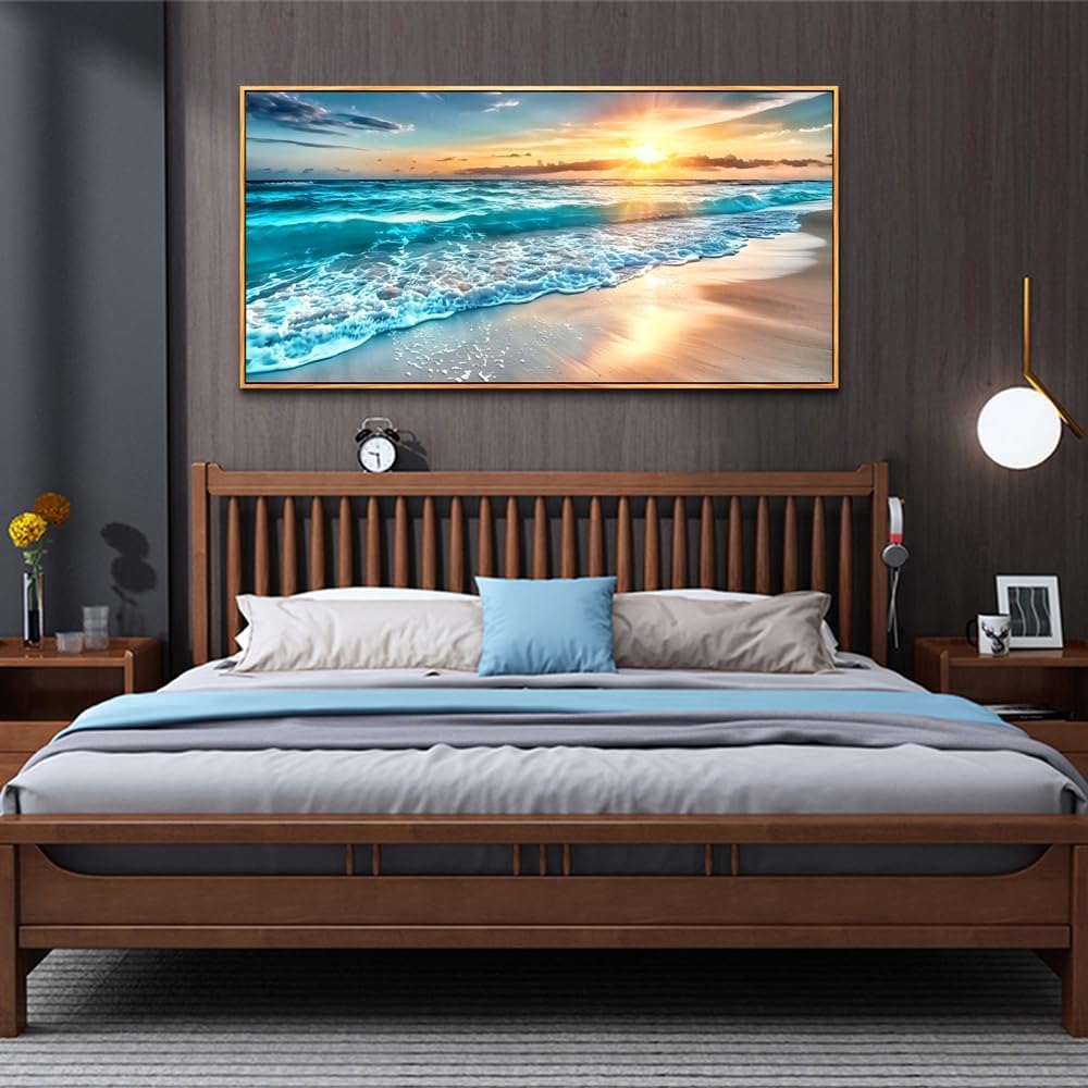 hyidecorart Large Wall Art For Living Room Wall Decorations For Bedroom Office Wall Decor Wood Framed Canvas prints Painting Blue Sea Wave Pictures Modern Beach Seascape Posters Home Decor Artwork
