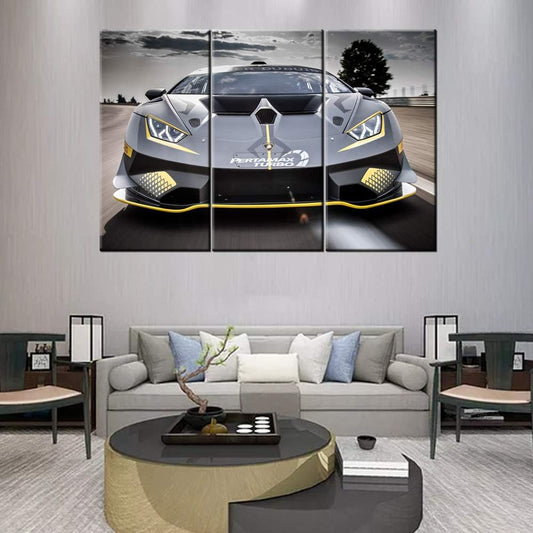 Wall Art for Living Room Black Sports Car Paintings Fantasy Scenery Pictures Contemporary Artwork Printed on Canvas Home Decor Giclee Framed Stretched Ready to Hang Gift - 40 x 20inch x 3 panels