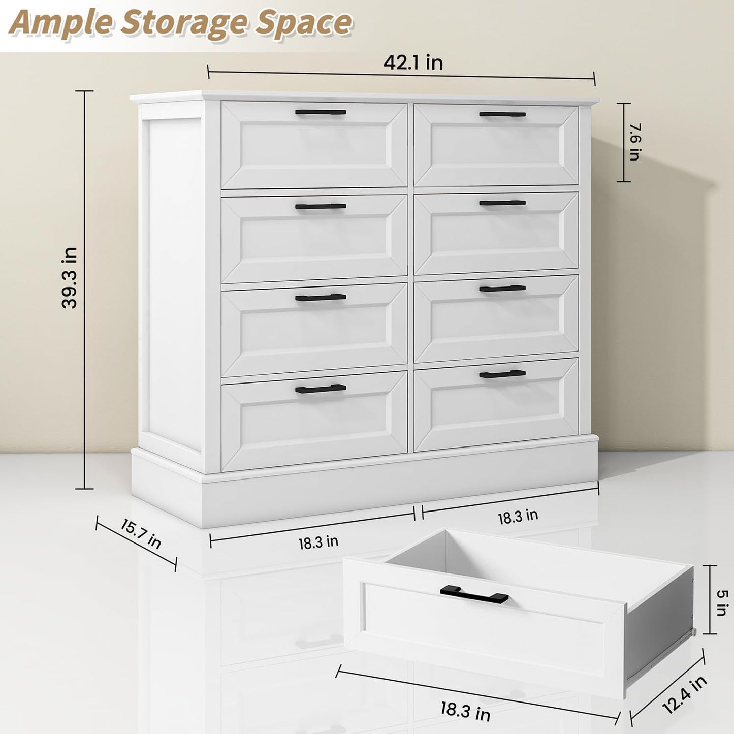 Odeekea White Dresser for Bedroom, Wood Dresser with 8 Drawers, Chest of Drawer for Bedroom Living Room Entryway Hallway, Modern Farmhouse Style