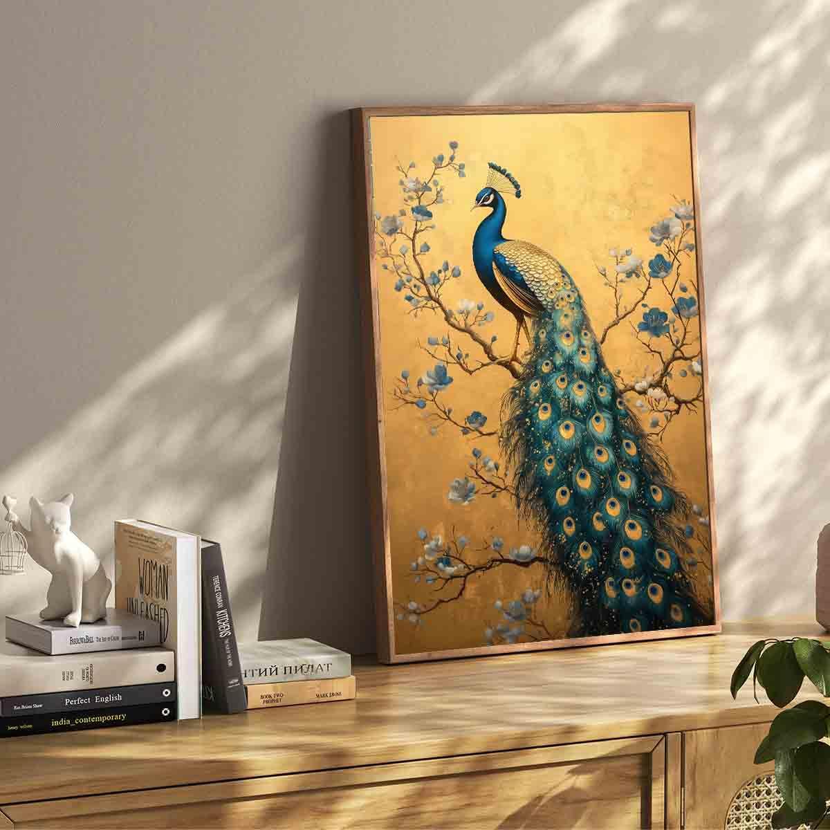 Elegance Peacock Wall Art Blue Peacock Painting Abstract Bird Wall Art Vintage Bird Poster Vintage Animal Picture Blue Animal Print Flower Modern Abstract Living Room Decor 16x24inch No Frame