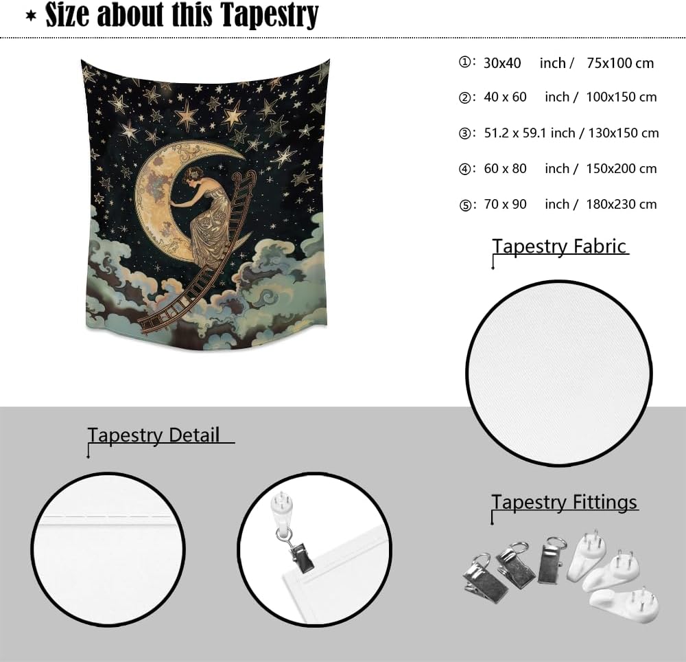 Dark Academia Gothic Aesthetic Tapestry ladder to The Moon and Stars Wall Hanging Print Trendy Vintage Art Nouveau Tapestries Decor for Home Bedroom Living Room 60x80inch