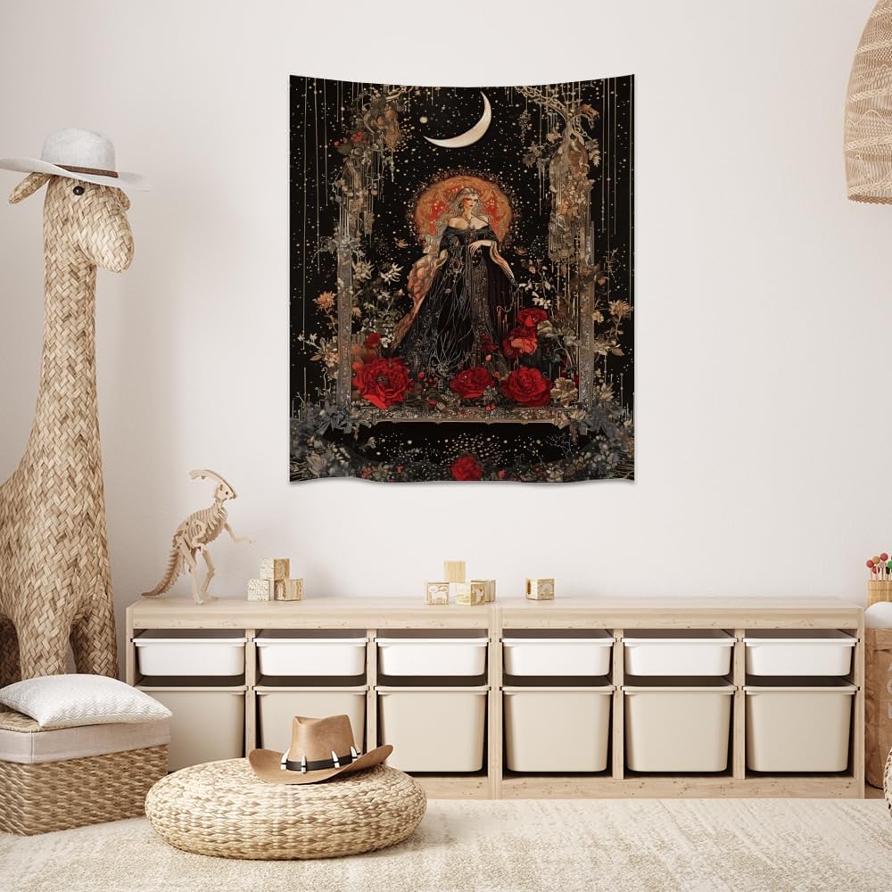 Dark Academia Moon Goddess Tapestry Gothic Fantasy Rose Wall Art Mystical Witchy Woman Print Victorian Artwork Aesthetic Tapestries Wall Hanging for Girls Room Bedroom Decor 70x90inch