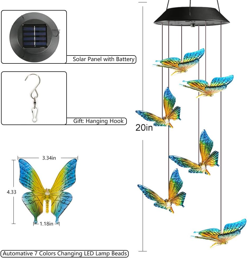 Toodour Solar Wind Chime, Color Changing Wind Chimes Butterfly, LED Decorative Mobile, Gifts for Mom Grandma, Waterproof Outdoor Decorative Lights for Garden, Patio, Yard, Window, Outdoor Decor