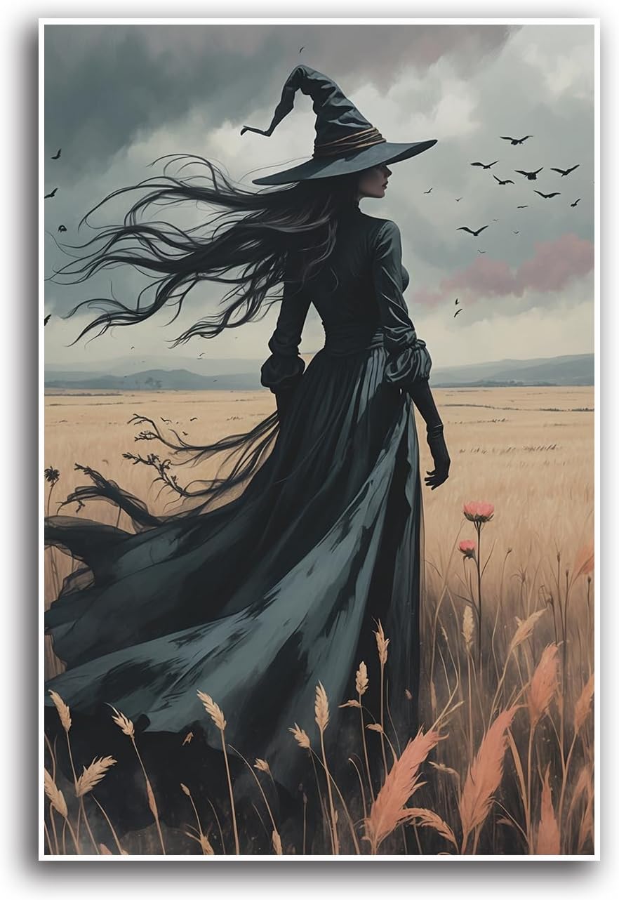 JFHCQJPK Gothic Decor Canvas Wall Art Witch in Rice Field Halloween Art Decor Print Nature Print Victorian Home Bedroom28x40in Frameless