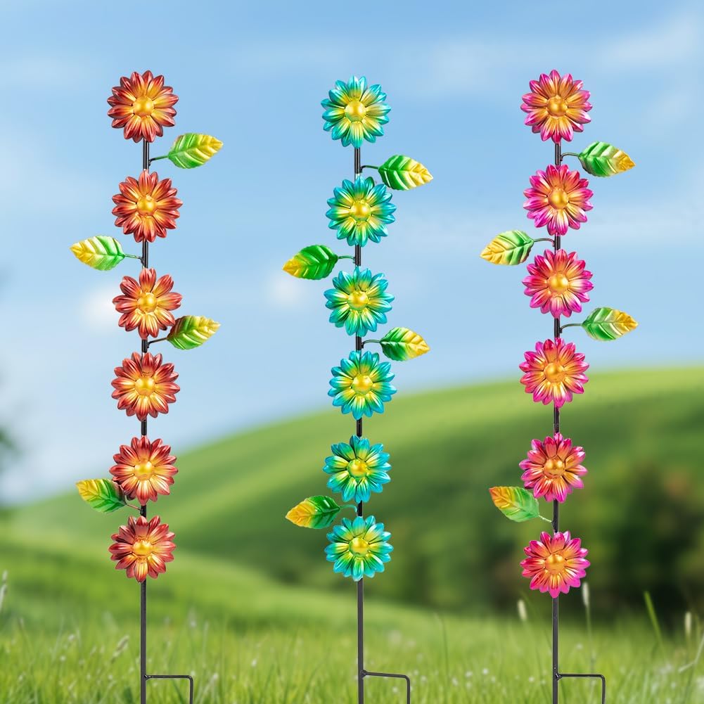 3Pack Flowers Decorative Garden Stakes,Spring Outdoor Metal Flowers Decorations,Metal Yard Art for Outside Patio Porch Decor（22.6 * 5.1IN）