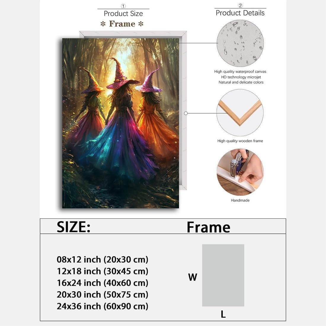 Halloween Room Decor Wall Art Colorful Witch Prints,Vintage Three Colorful Witches in Forest Halloween Posters,Fall Fantasy Aesthetic Pictures Playful Art Wall Decor for Bedroom,20"x30" Framed