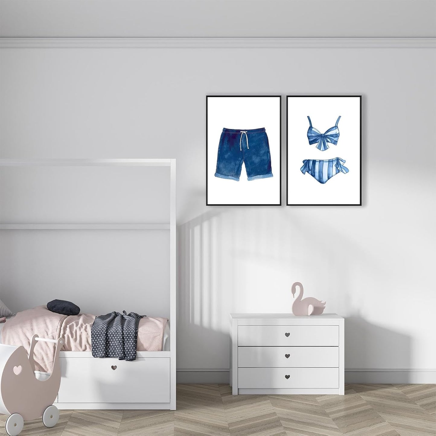 Liyark Set of 2 Retro Navy Blue And White Swimsuit Art Posters Beach Bathing Suit Prints Painting Beach House Wall Art Coastal Wall Decor Pictures For Bathroom Home Decoration 24x36in Framed