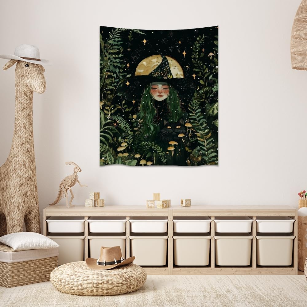 Moon Witch Tapestry Wall Hanging Mystical Botanical Green Print Dark Forest Witchy Decor Gothic Magical Black Cat and Moon Tapestries for Bedroom Living Room Dorm Decoration Aesthetic 40x60inch
