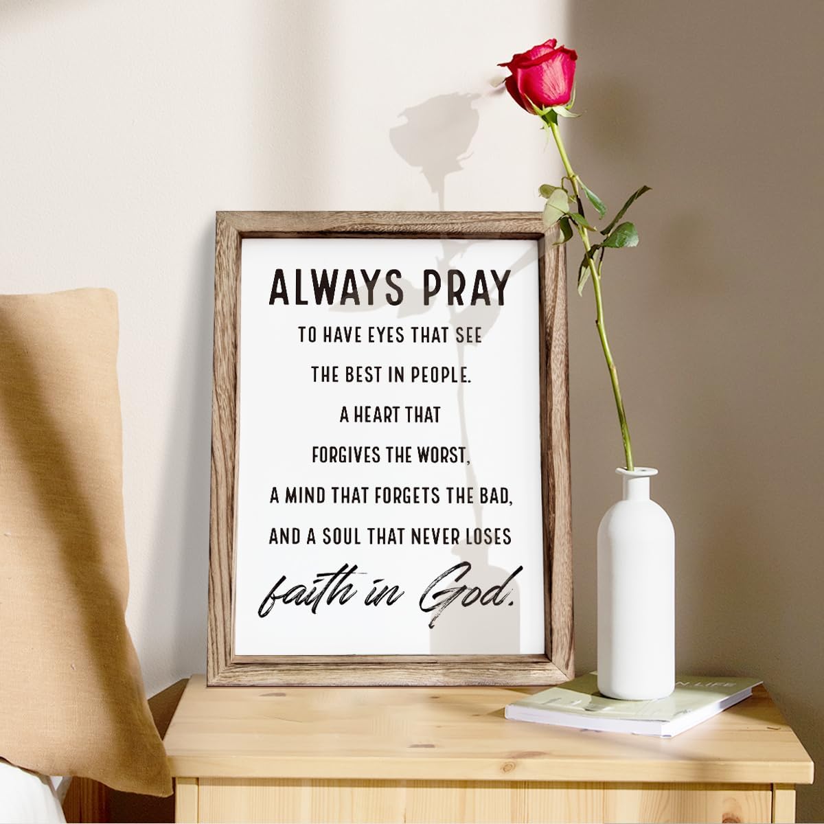Christian Wall Signs, Inspirational Wood Sign, Farmhouse Home Decor, Bedroom Decoration, Church Room Decor Art, Framed Wall Plaque Sign 15 * 11.5 inches, Always Pray to Have Eyes
