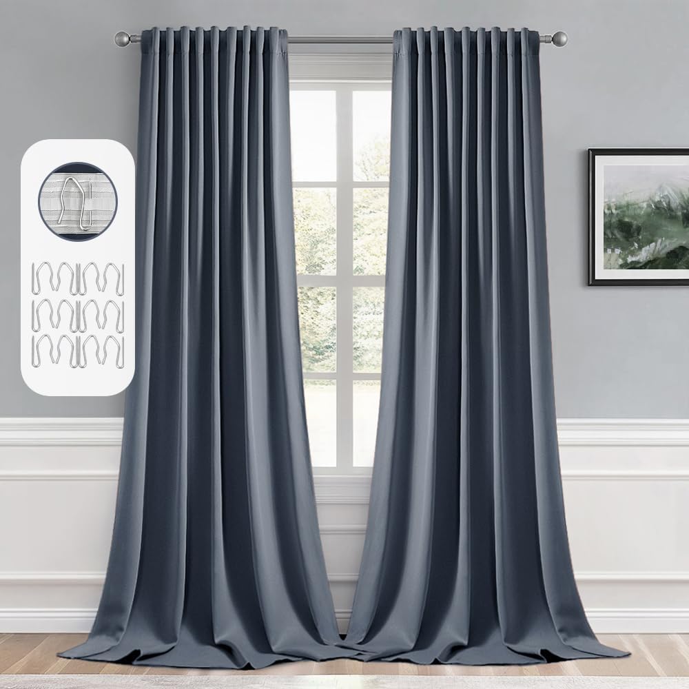 MIULEE Stone Blue Back Tab Blackout Curtain 96 Inch Long 2 Panels Set for Bedroom, Rod Pocket/Pinch Pleat Thermal Insulated Living Room Darkening Pleated Light Blocking Floor to Ceiling Drape