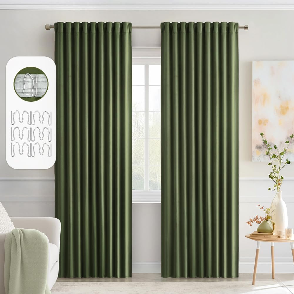 MIULEE Olive Green Back Tab Blackout Curtains 84 Inch Length 2 Panels Set for Living Room Bedroom Privacy, Rod Pocket/Pinch Pleat Thermal Insulated Room Darkening Pleated Light Blocking Drapes