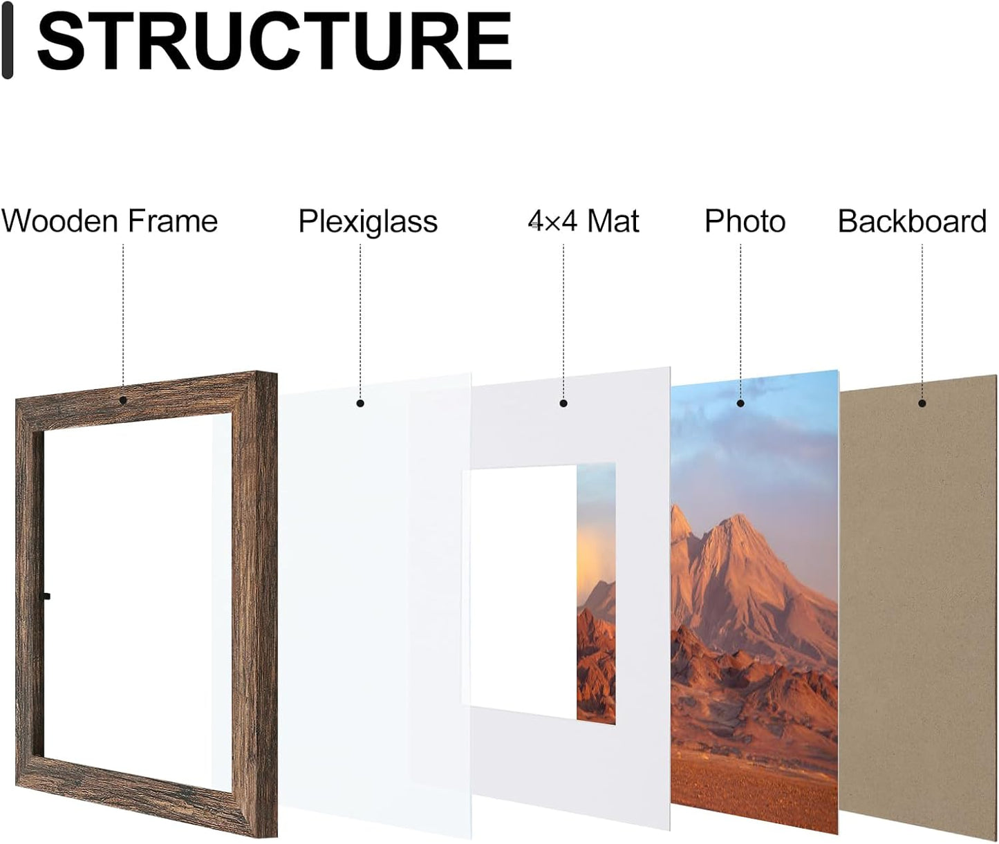 Vittanly 8x8 Picture Frames Set of 9, Shatter Resistant Plexiglass, Display 4x4 Pictures with Mat or 8x8 without Mat, Photo Frames for Wall Mount, Engineered Wood, Brown