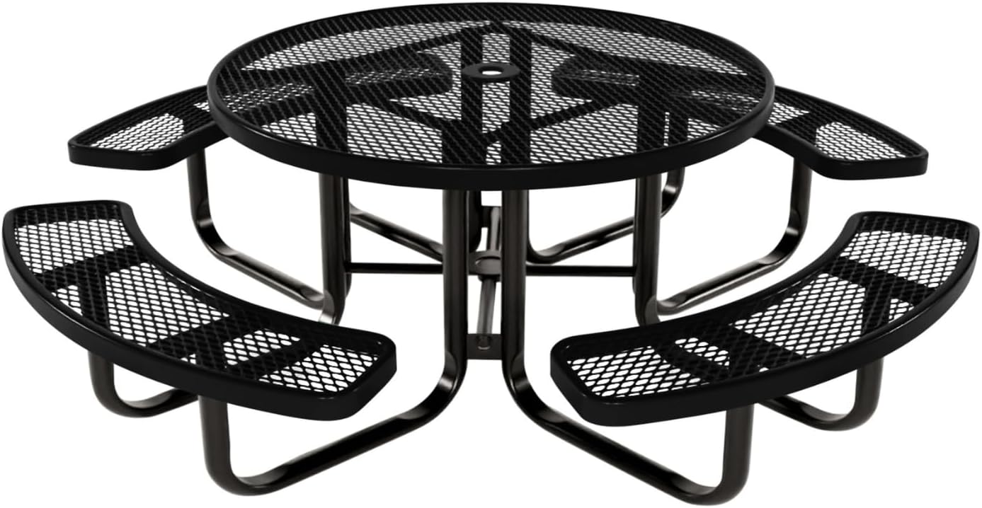 Coated Outdoor Furniture Heavy-Duty Portable Outdoor Kids Table with Umbrella Hole, Expanded Metal Kids Picnic Table, Commercial-Grade, Made in America (46 In, Round, Childrens, Textured Black)