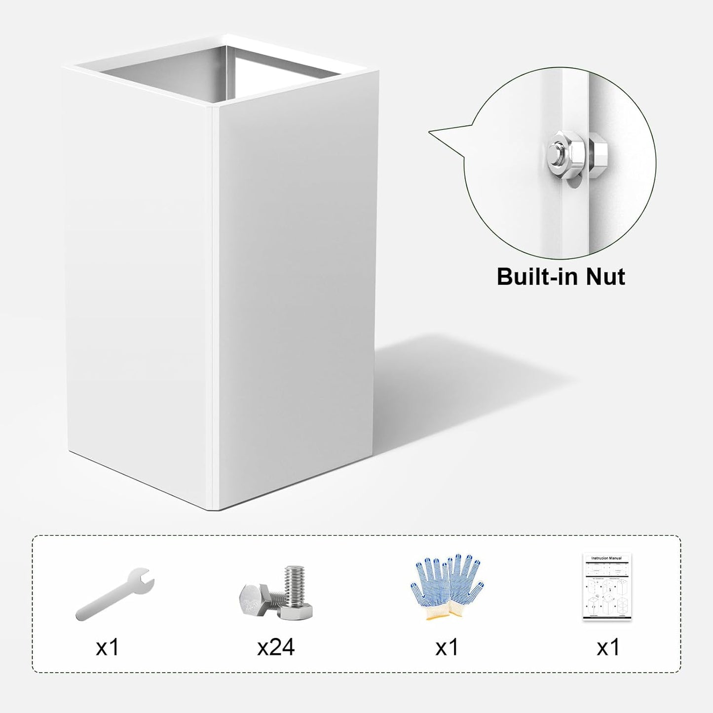 Galvanized Steel Metal Planter, 26 Inch White Square Outdoor Planters with Removable Insert Shelf and Drain Holes, Heavy Duty Flower Pot Modern Commercial Residential for Trees Patio Deck Yard Garden