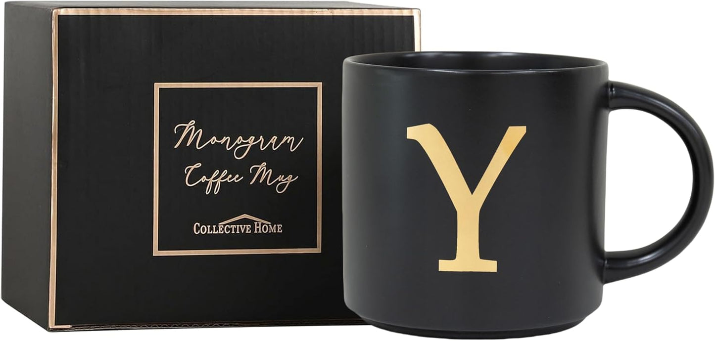 COLLECTIVE HOME - Monogram Ceramic Mugs, 15 oz Golden Initial Black Coffee Cups, Elegant Alphabet Tea Mugs, Elegant Personalized Mug with Gift Box, Unique Mug with Double Side Capital Lette (Y)