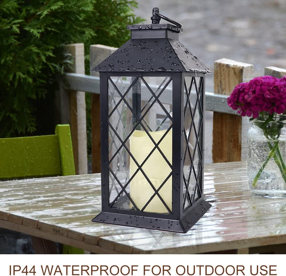 Bright Zeal 13.5" Black Vintage Candle Lantern with LED Pillar Candle and Timer - IP44 Waterproof Porch Light - Tabletop Lantern Decorative Outdoor