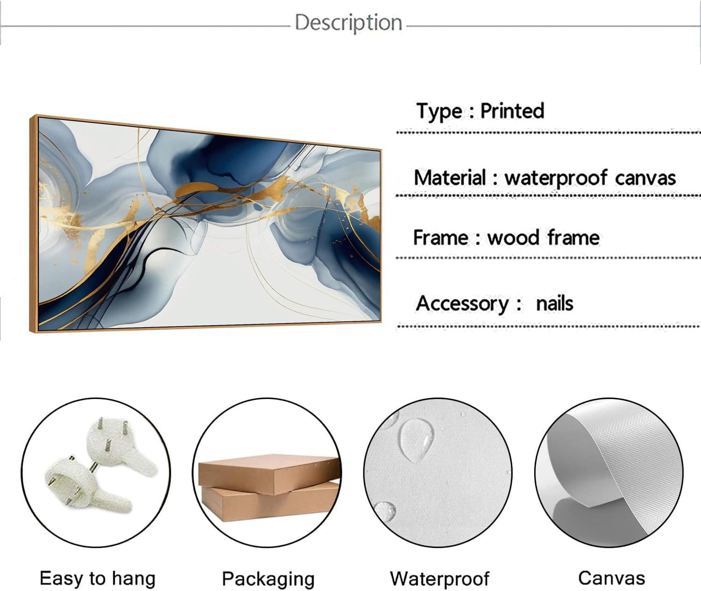 HUADAOART Wall Art Canvas Painting Abstract Wall Art Modern Art Wall Mural for Living Room Bedroom Print on Artwork Home Decor Framed 24x48inch (Blue)