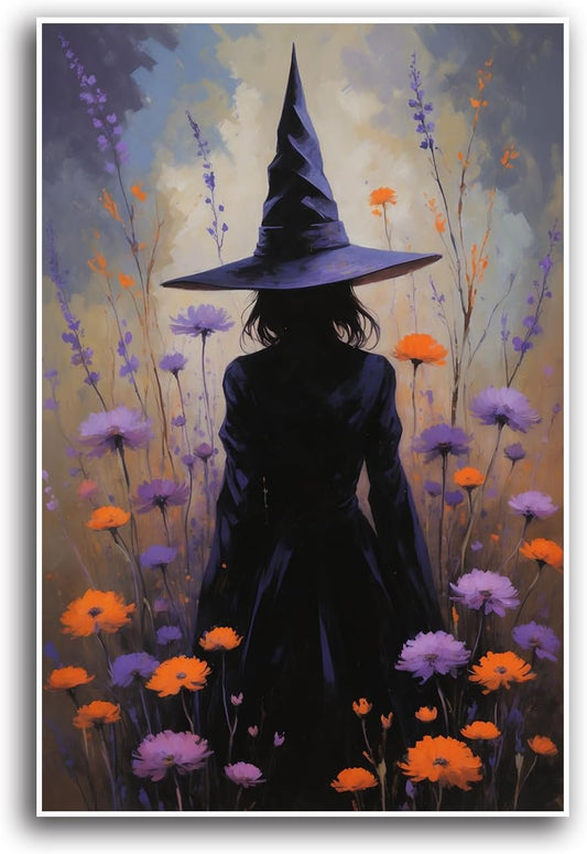 JFHCQJPK Country wildflower witch canvas print halloween mashup art witch purple decoration bohemian elegant art poster16x24in Frameless