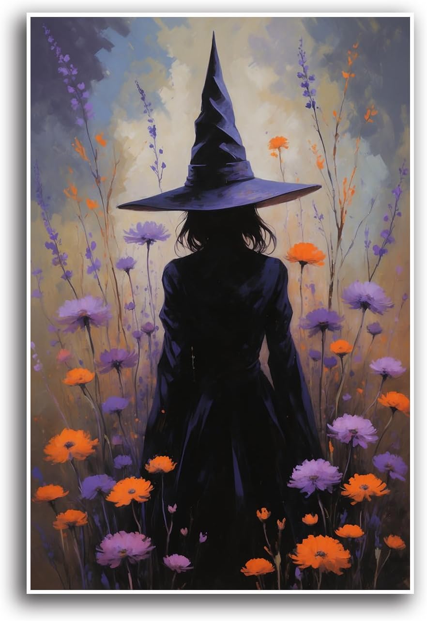 JFHCQJPK Country wildflower witch canvas print halloween mashup art witch purple decoration bohemian elegant art poster32x48in Frameless