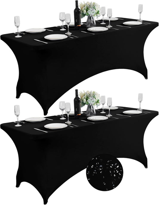 SuperO 2Pack Waterproof Spandex Table Cover for 6FT Table Universal Fitted Stretch Tablecloth for Party, Banquet, Wedding and Events-Black
