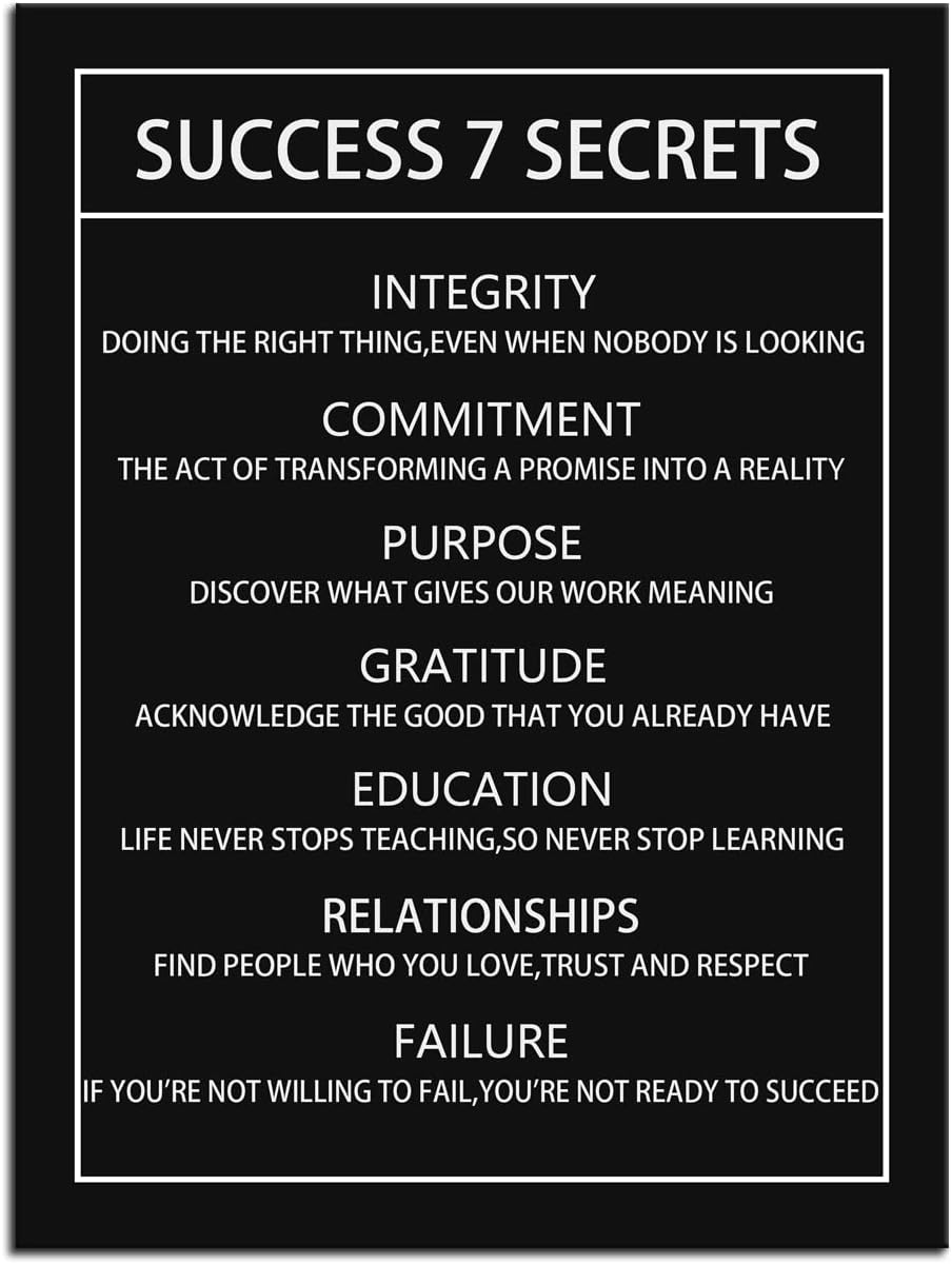 Success 7 Secrets Motivational Canvas Wall Art for Office Inspirational Poster Print Artwork Painting Picture for Framed Home Decoration Living Room Bedroom Ready to Hang [18''W X 24''H]