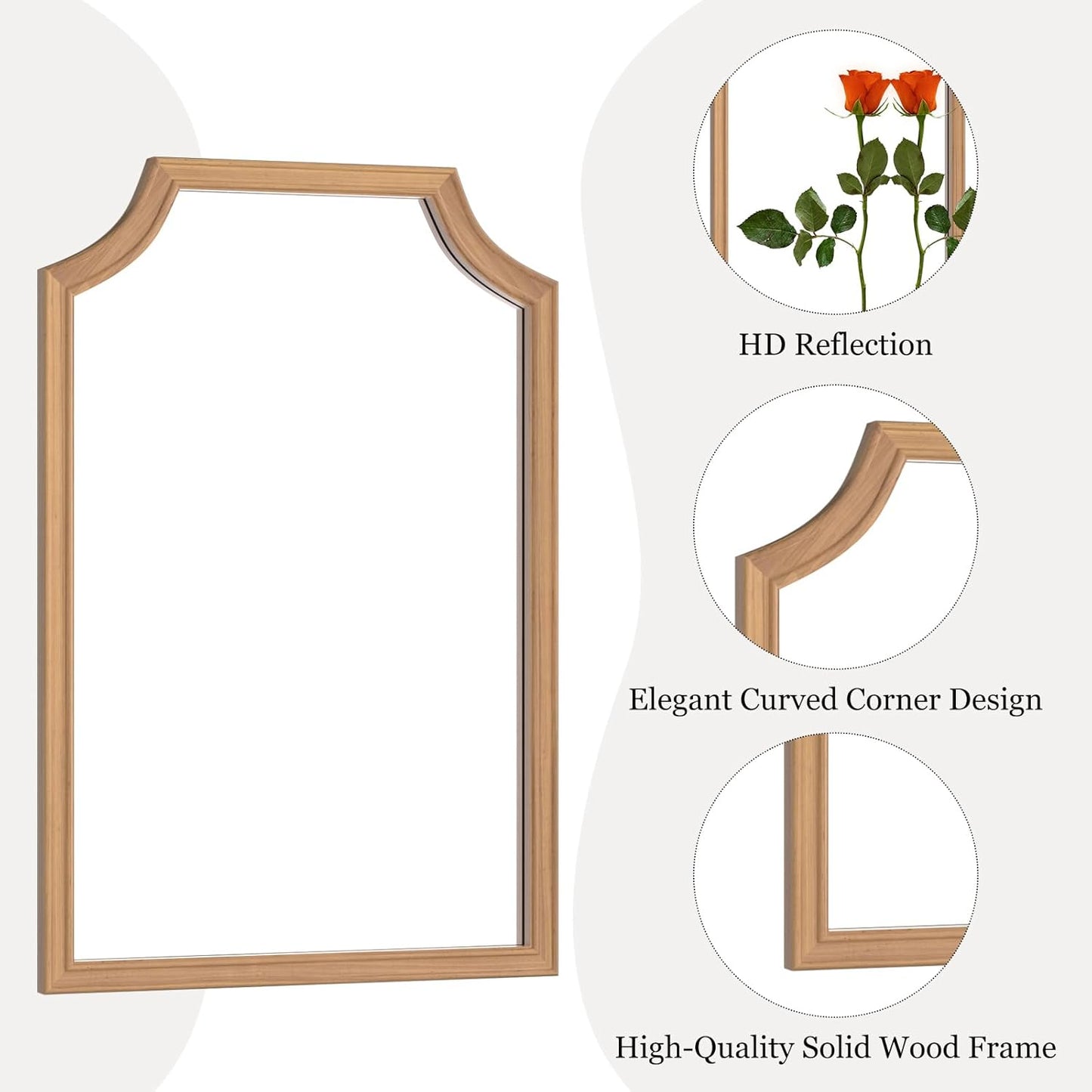WallBeyond Scalloped Wood Mirror for Small Bathroom Vanity 20x30 Inch Rectangle Wall Mirror Decor for Hallway Bedroom Living Room Home (Honey-Colored)