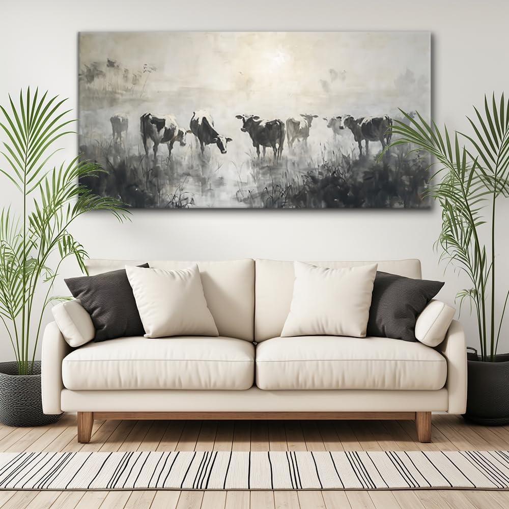LASMOND Black and White Cow Wall Art for Living Room Ink Wash Canvas Painting Prints Morning Cattle Vintage Country Farmhouse Artwork Bedroom Office Decor (58x28 Inches)