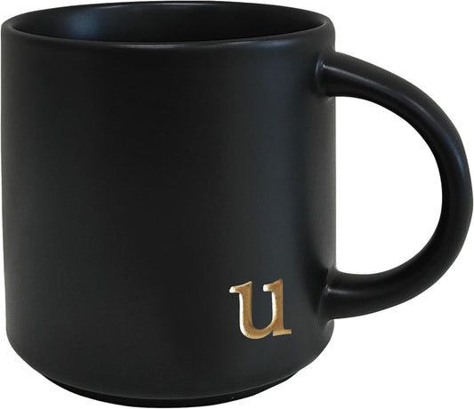 COLLECTIVE HOME - Black Monogram Ceramic Mugs, 15 oz Golden Initial Coffee Cups, Elegant Alphabet Tea Mugs, Personalized Halloween Mug with Gift Box, Perfect for Office and Home Décor (u)