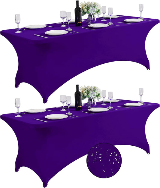 SuperO 2Pack Waterproof Spandex Table Cover for 8FT Table Universal Fitted Stretch Tablecloth for Party, Banquet, Wedding and Events-Purple