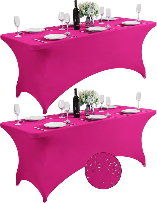 SuperO 2Pack Waterproof Spandex Table Cover for 6FT Table Universal Fitted Stretch Tablecloth for Party, Banquet, Wedding and Events-Fuchsia