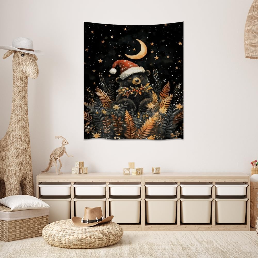 Whimsical Christmas Tapestry Moon Stars Dark Aesthetic Wall Hanging Decor Cute Bear Tapestries for Kids Room Decoration Funny Christmas wall art for Bedroom Dorm Living Room 60x80inch