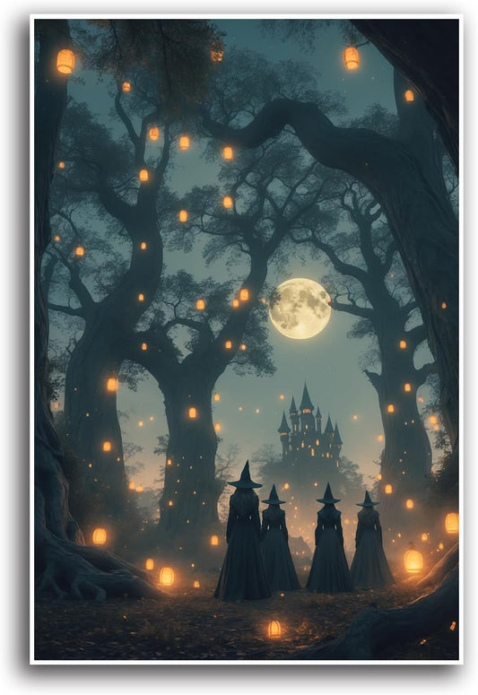 JFHCQJPK Mysterious creek painting witch and castle in magic forest art print canvas gothic print dark college decoration poster for home bedroom32x48in Frameless