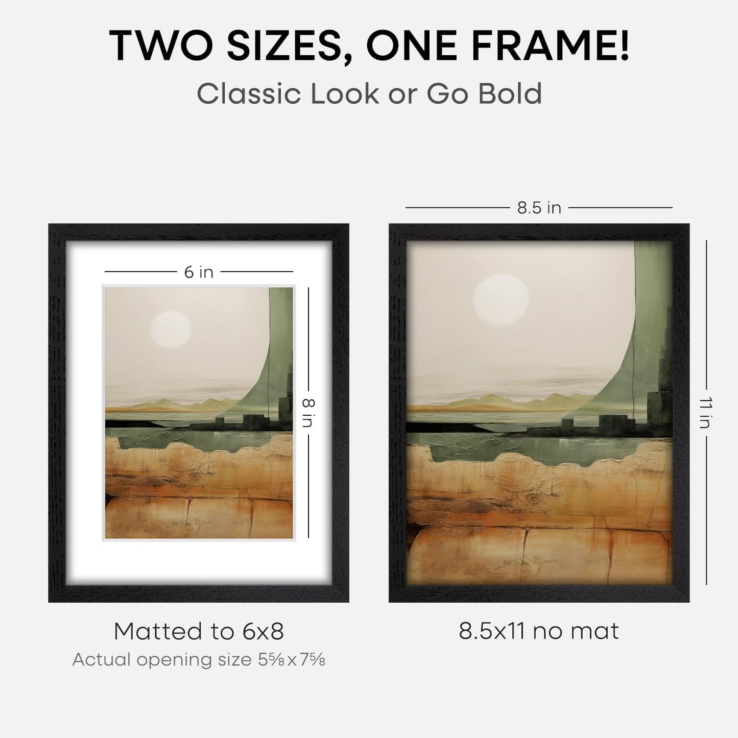 Homeforia 8.5x11 Picture Frame Black Wood, High End Oak 8.5 x 11 Frames with Mat 6 by 8 Print, 8.5by11 Wooden Frame Matted to 6x8 inch Photo, Wall or Tabletop Frame, Tempered Glass, Wall Kit, Set of 1