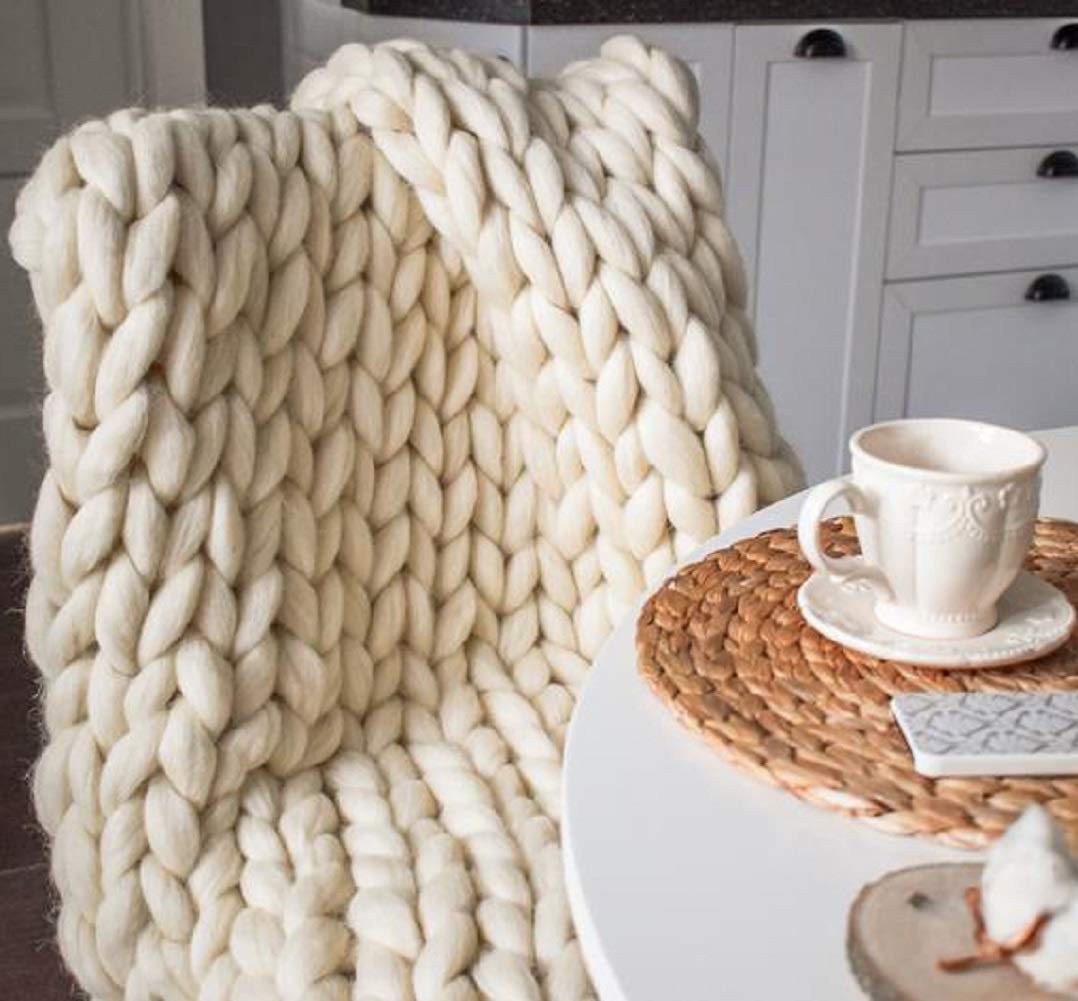 Chunky Knit Merino Wool Throw Blanket (Ivory White,60"x80")