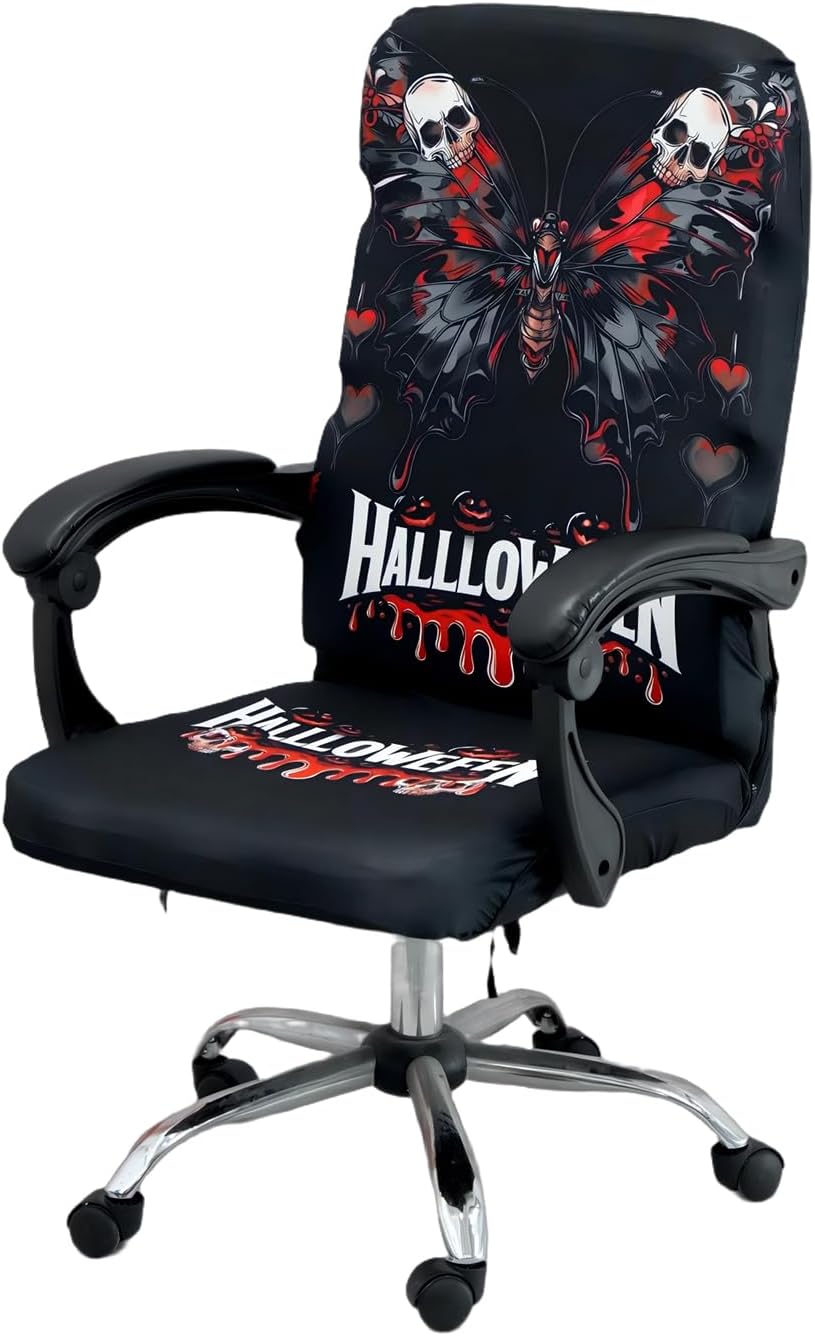 Halloween Office Chair CoversHorror Bloody Handprints Footprints on White Horror Theme Print Stretchable Slipcover for Modern Simplism Style High Back Boss Chair(No Chair) (Halloween08, M)…